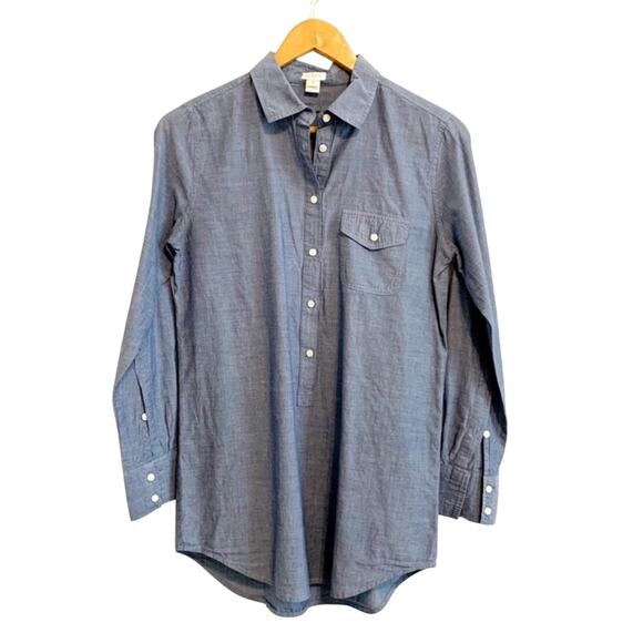 J. Crew Factory Dark Blue Chambray Long Sleeve Button Down Popover Shirt - Picture 1 of 7